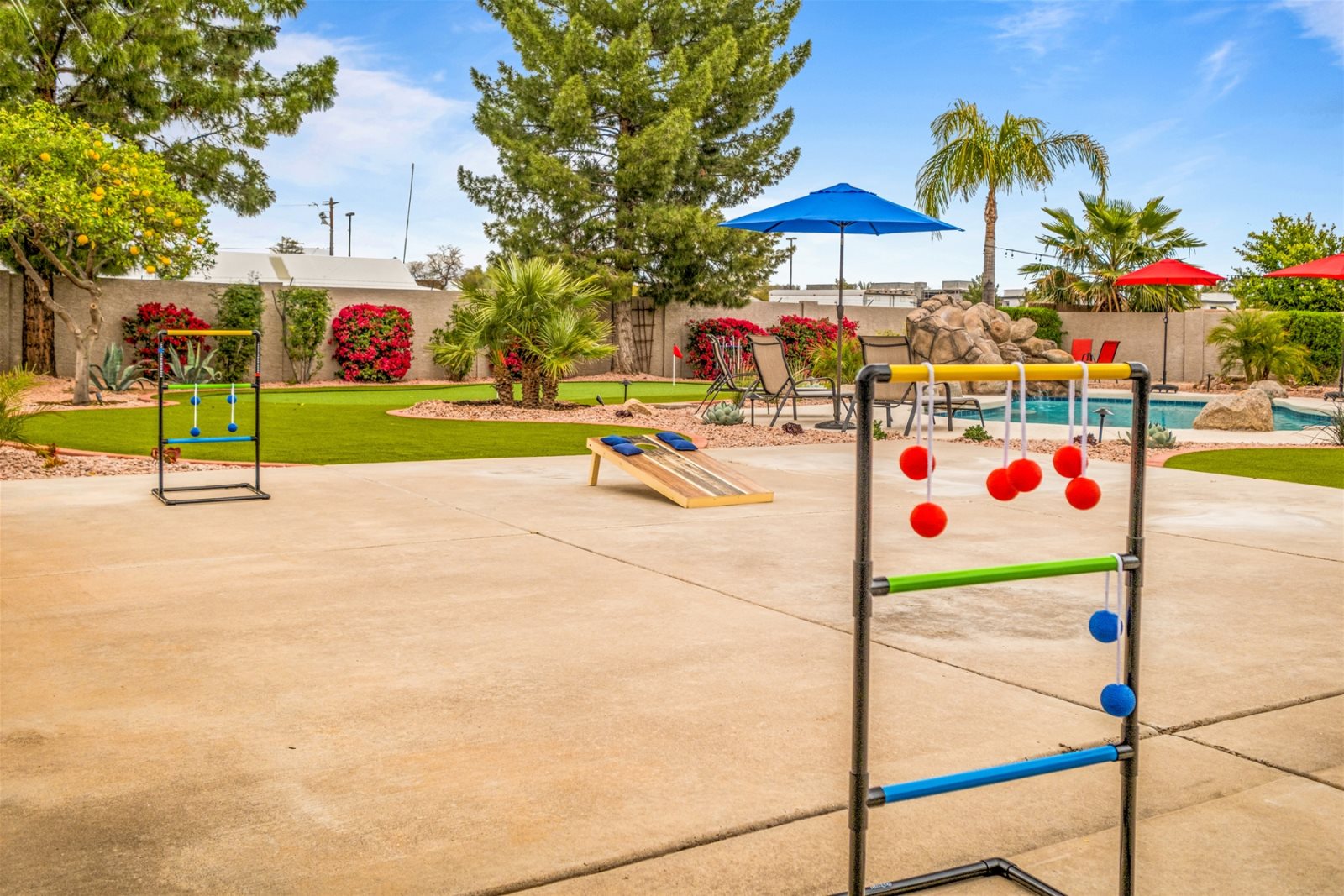 There is no end of activities here  Ladder ball, corn hole and a basketball hoop