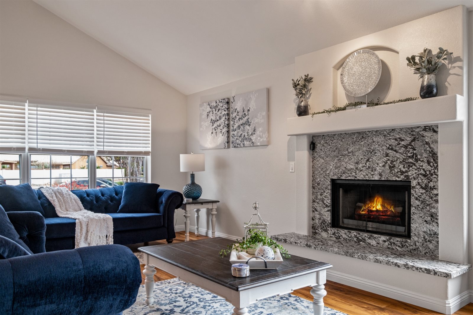 Sip your morning coffee in front of the electric fireplace.